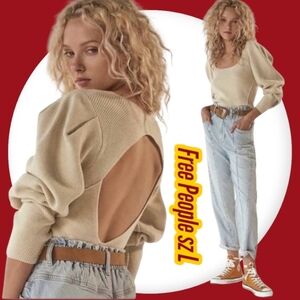 Free People Cream Ribbed Soft Sweater Open Back NWT sz L